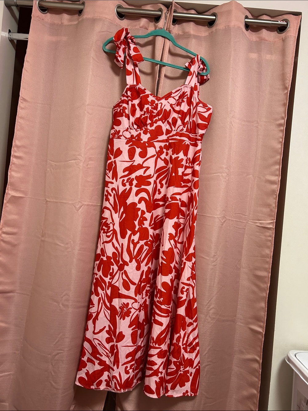 SHEIN Red & Pink Floral Tie-Shoulder Midi Dress